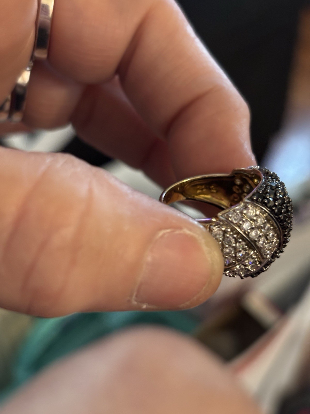 Gold Tone Pavé Black & Clear Crystal Dome Cocktail Band Ring Size 5.25 stamp 925