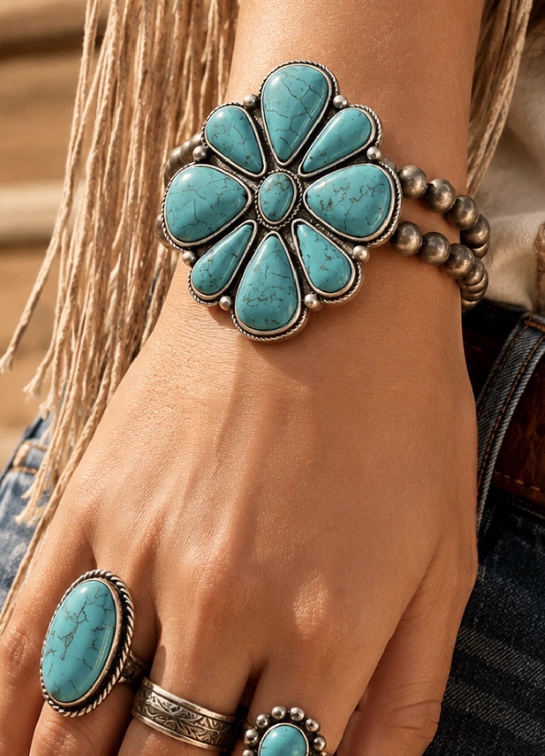 Western Turquoise Flower Stretch Bracelet, Navajo Style Beaded Stretch