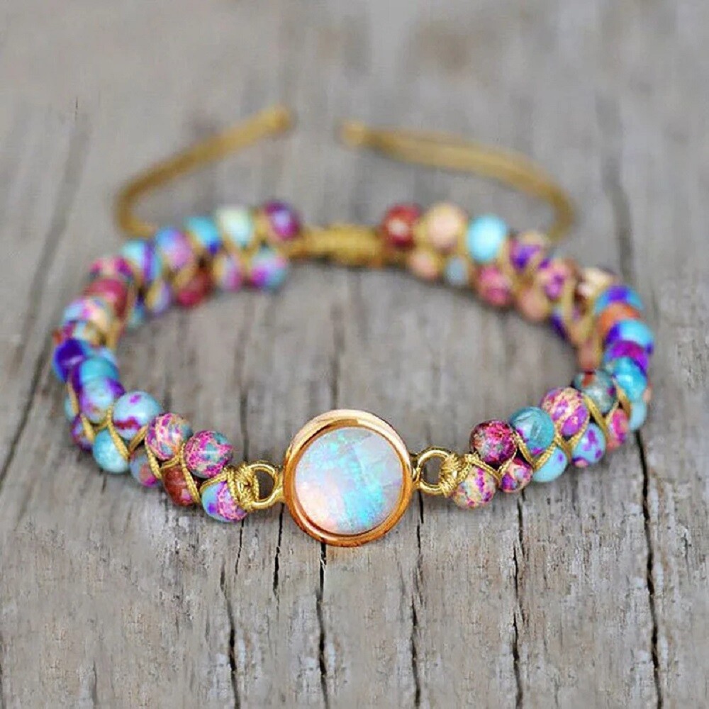 Natural Opal Sea Sediment Jasper Stone Braided Bracelet for Mind Peace Handmade