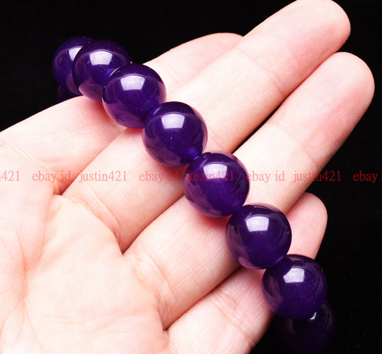 Natural 14mm Purple Jade Round Gemstone Beads Elastic Bracelet 7-9″ AAA+