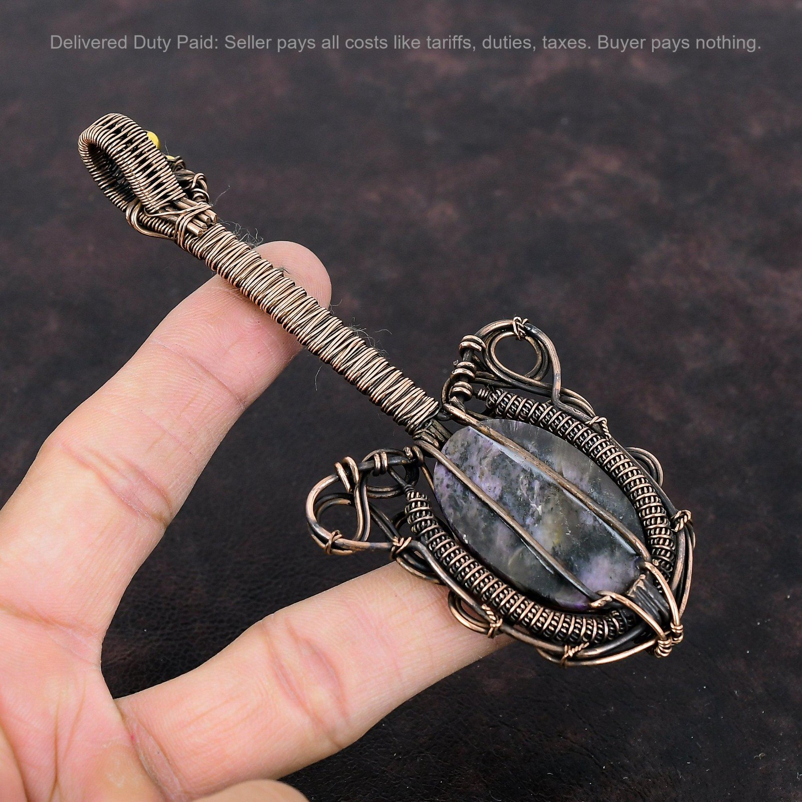 Copper Russian Charoite Stone Wire Wrapped Guitar Engagement New Pendant Jewelry