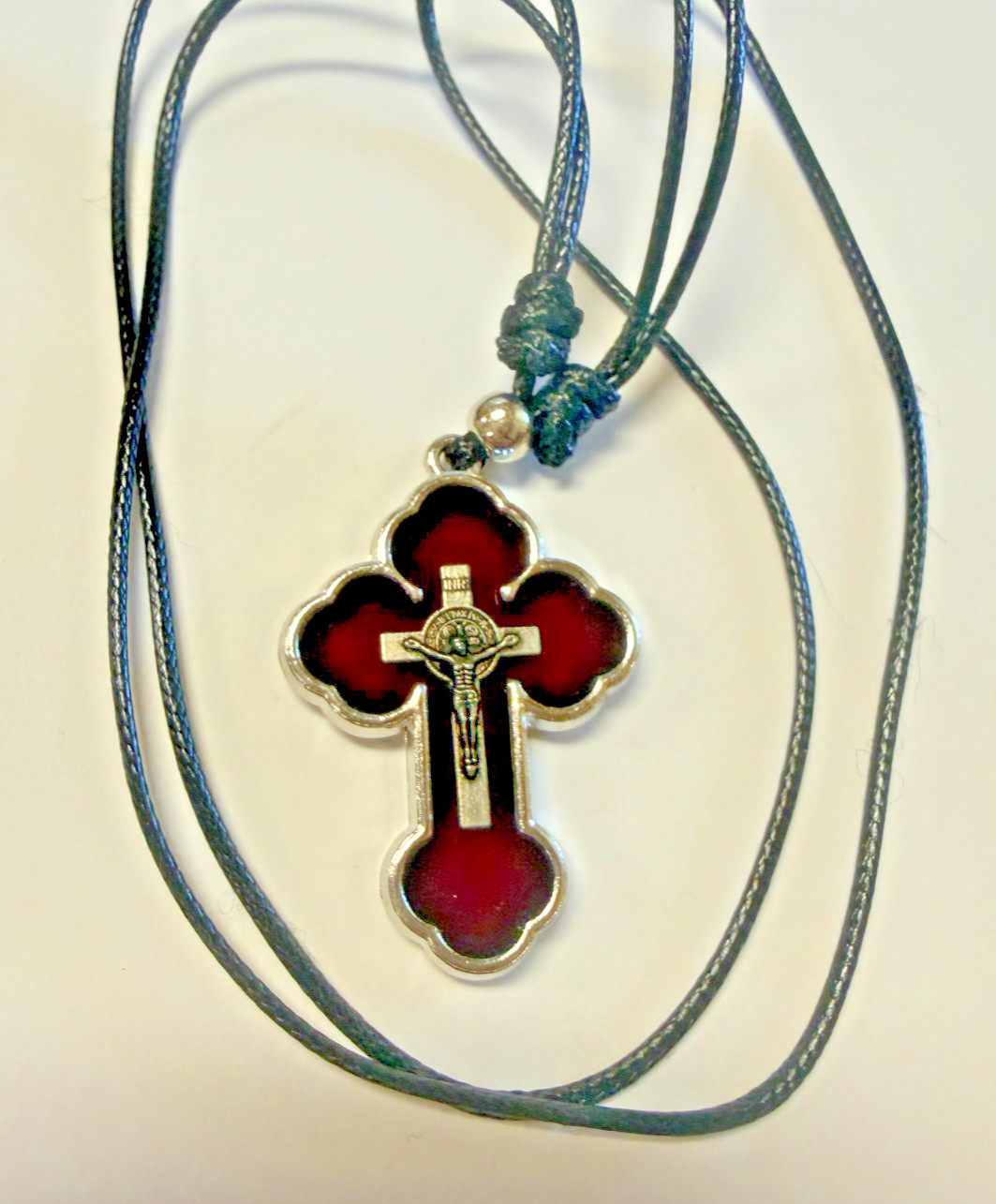 Saint Benedict Dark Red Budded Crucifix Cord Necklace, New #Gftshp-153