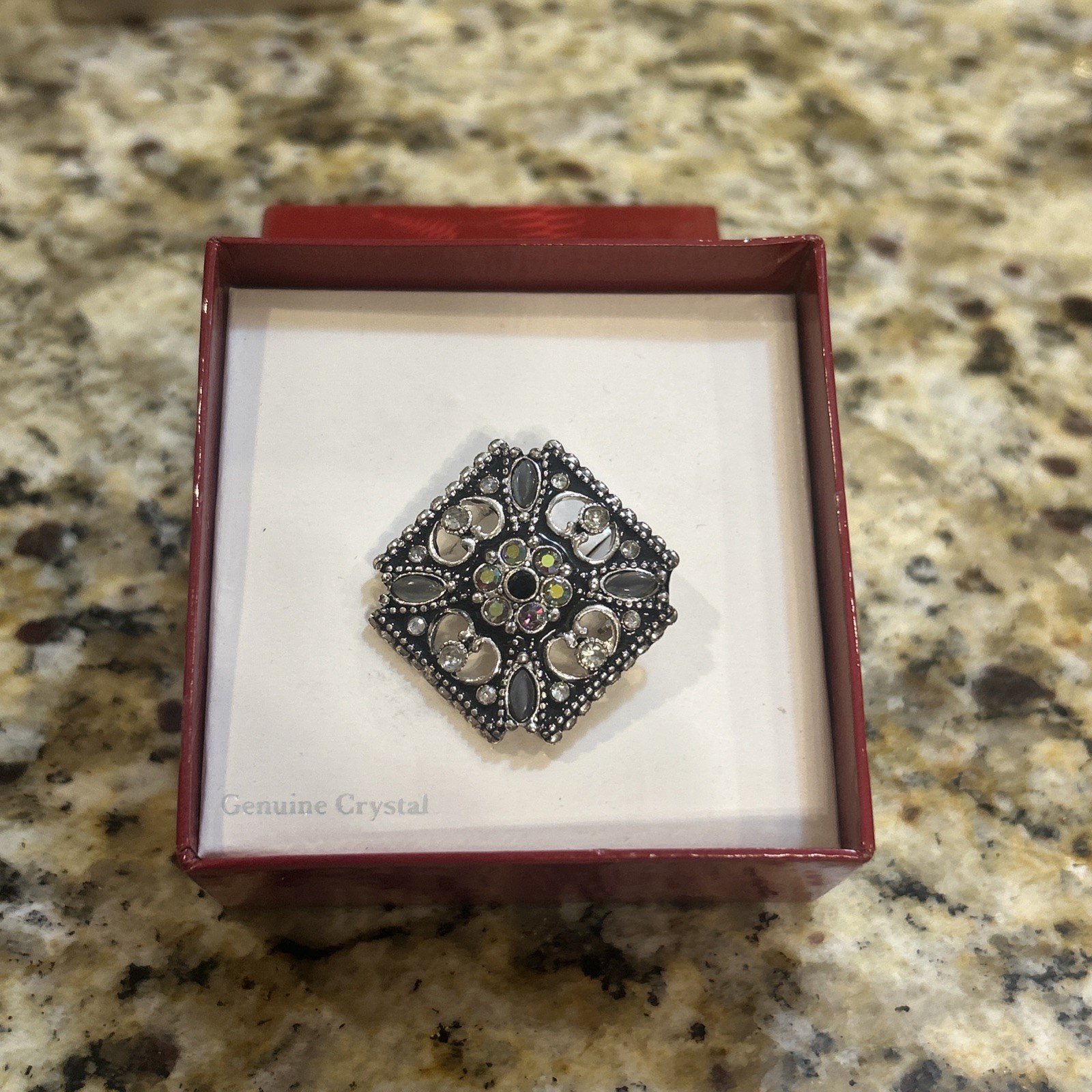 Genuine Crystal Silver Tone Rhinestone Brooch Pin Pentagon Vintage Style in Box