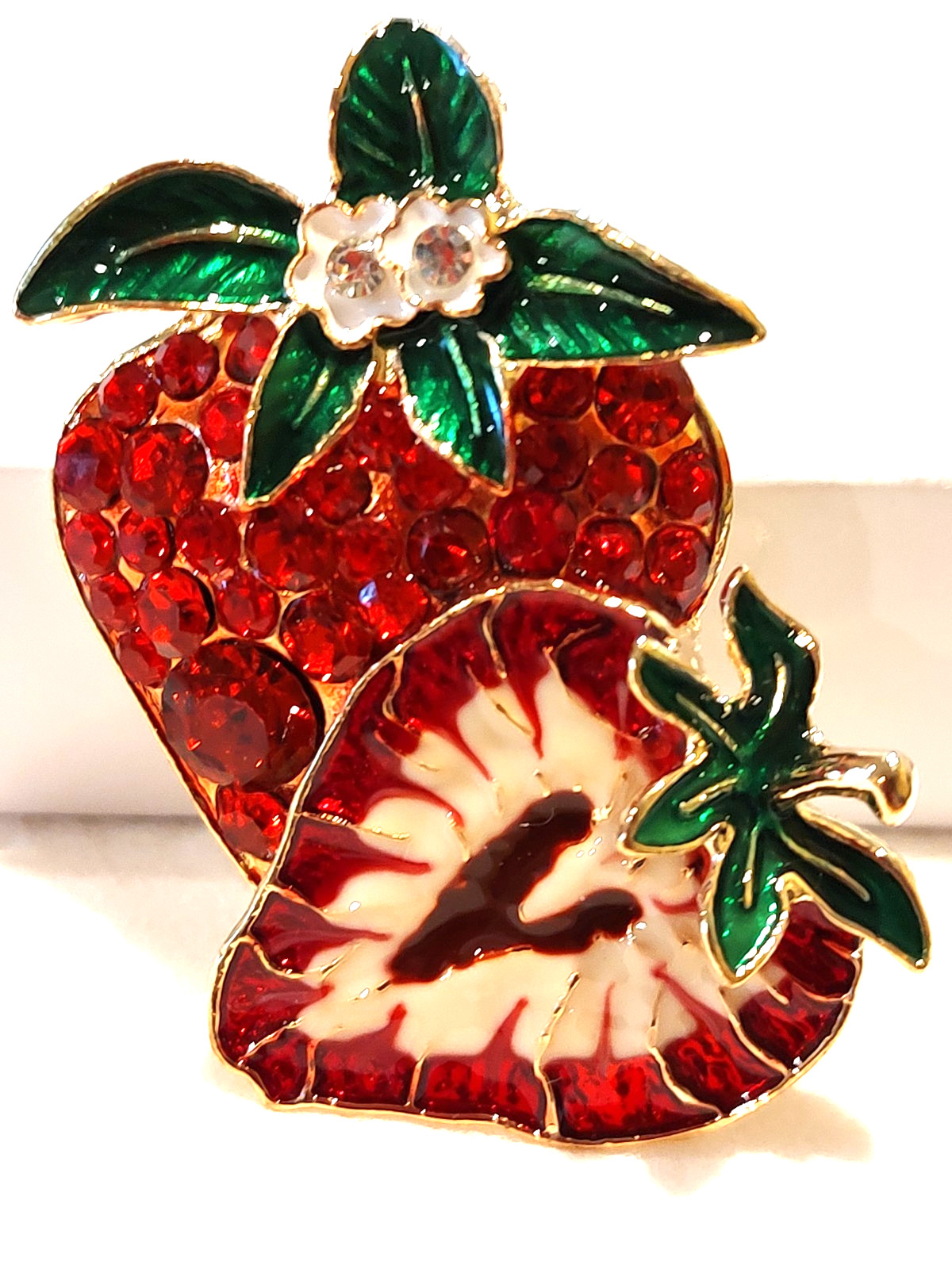 Strawberry Brooch Red Enamel Rhinestones on Metal