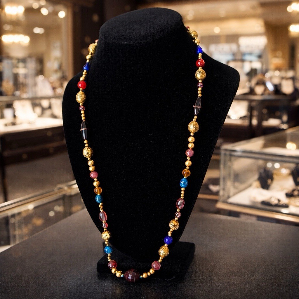 Vintage Multicolored Art Glass Bead 32” Sautoir Necklace – 1990s – Gold Tone