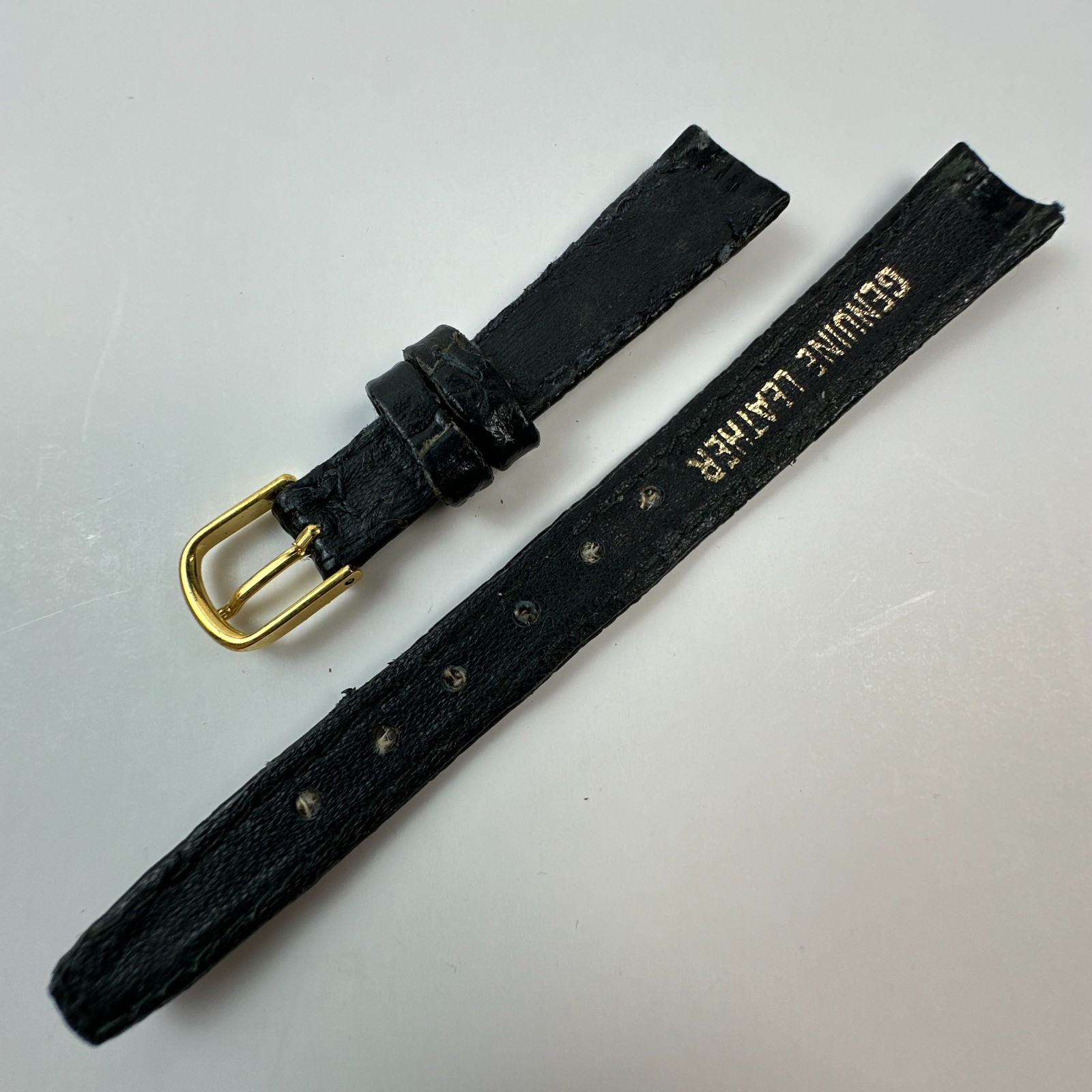 Womens Watch Bands Black 13mm Leather Crocodile Grain Two Piece Strap Gold Tone