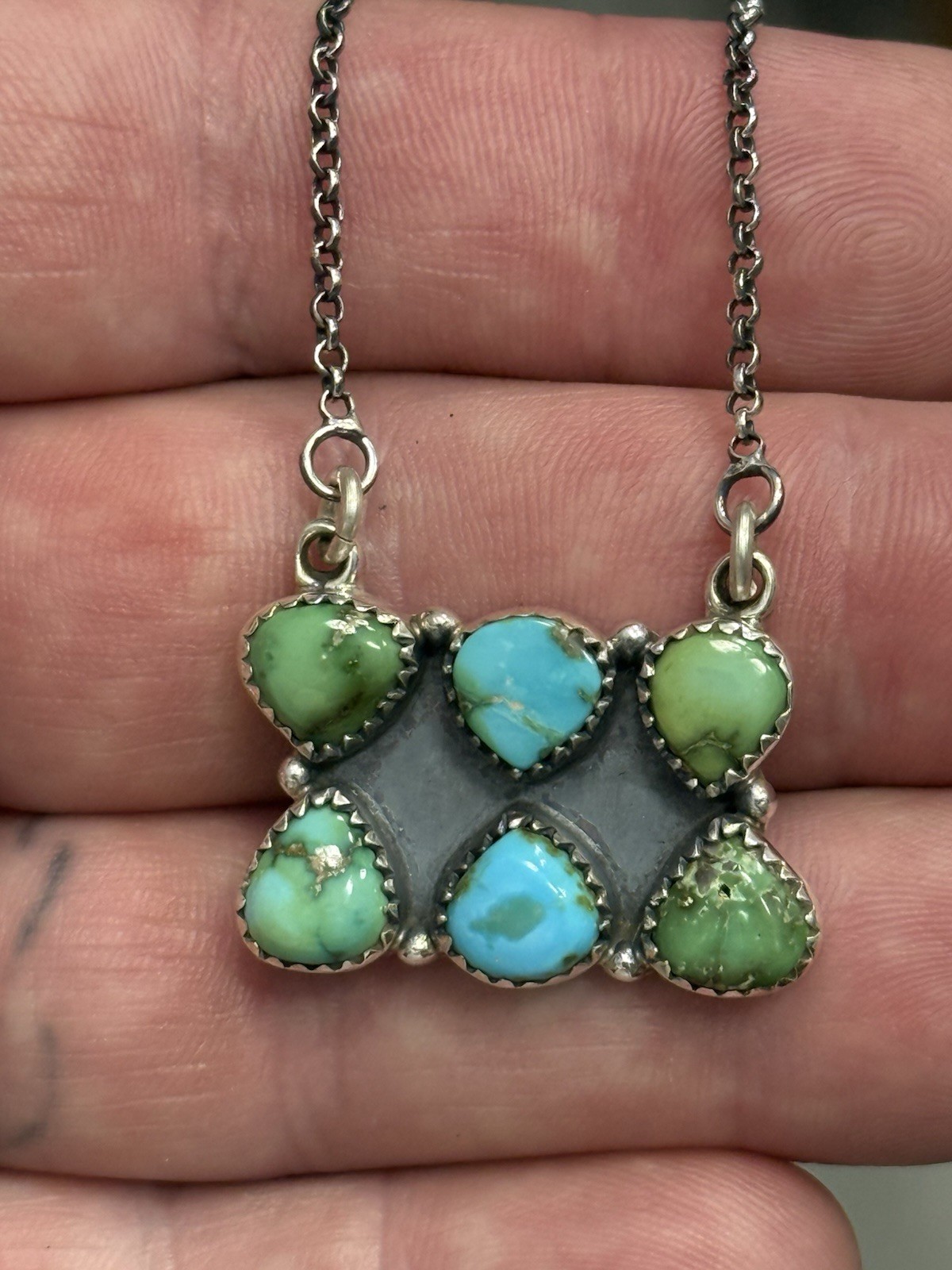 STERLING SILVER SONORAN GOLD TURQUOISE 2 ROW 6 STONE CLUSTER BAR NECKLACE .925