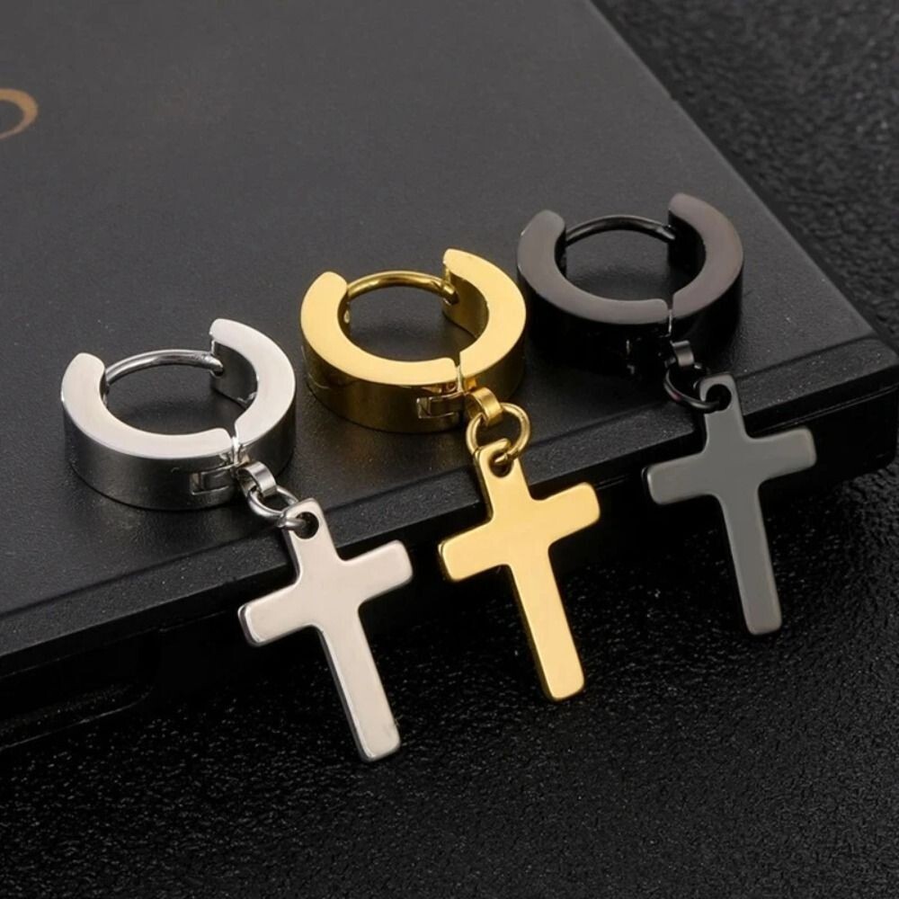 Men’s Women’s Stainless Steel Cross Drop Dangle Loop Huggie Hinged Hoop Earrings