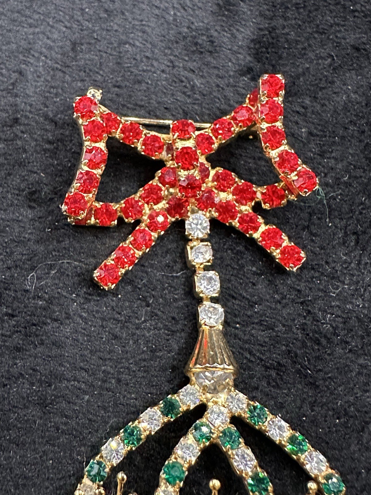 Vintage Dangling Christmas Ornament Brooch Gold-tone Red Green Clear Rhinestones