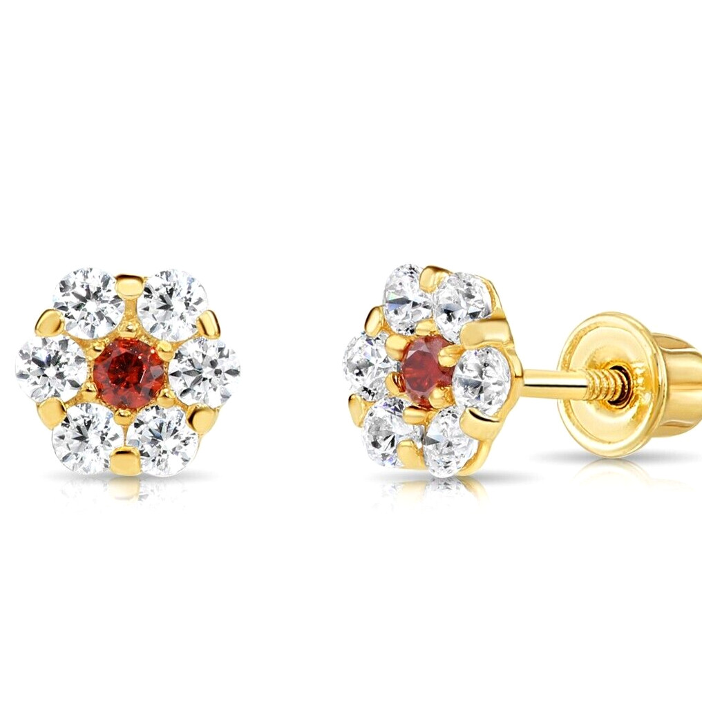 14K Real Solid Gold Flower Halo Birthstone CZ Sleeper Studs Earrings Screw-back