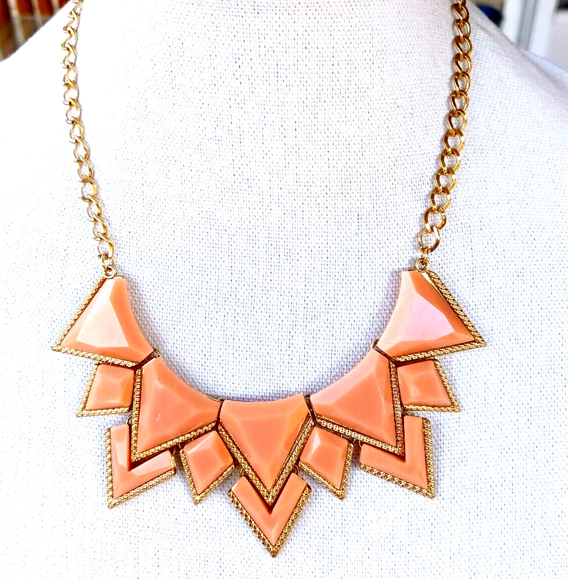 Necklace Statement Choker Geometric Art Deco Peachy Pink Gold Tone Vintage