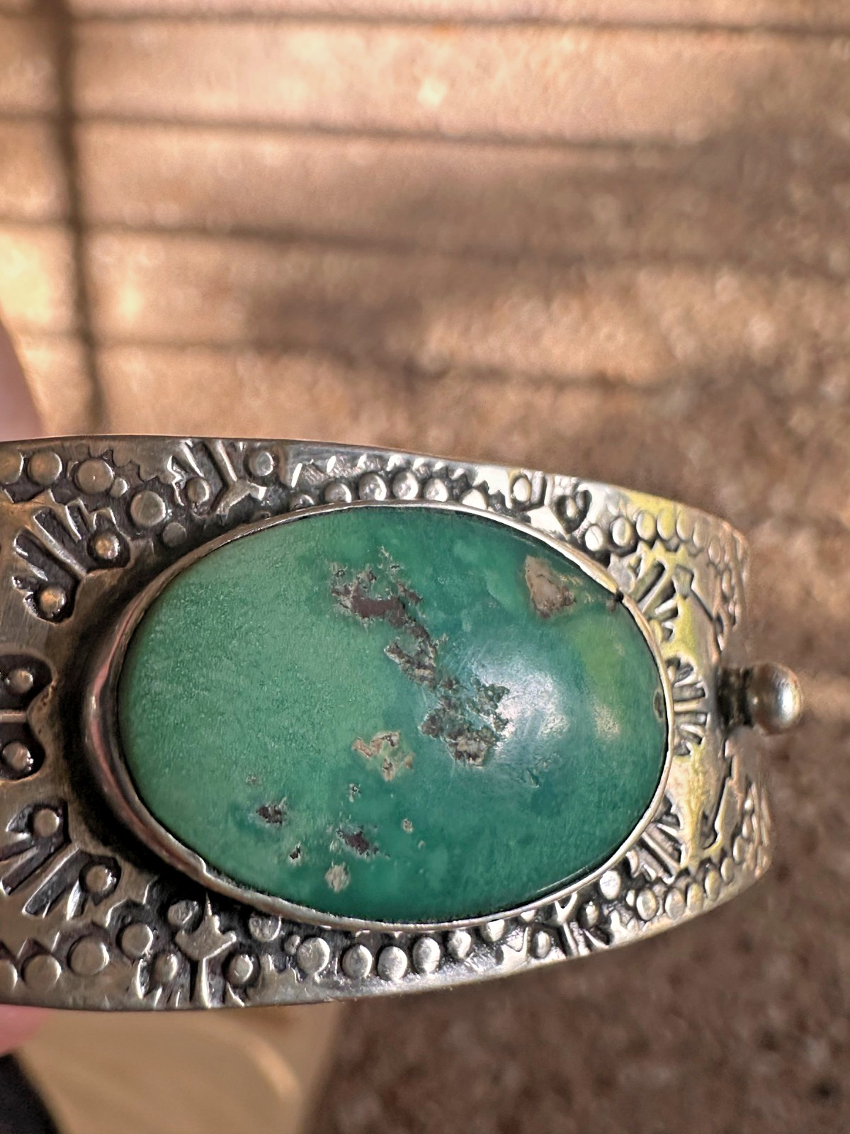 Fred Harvey Era Navajo Sterling Oval Turquoise Cab Stamped Cuff Bracelet 30s-40s