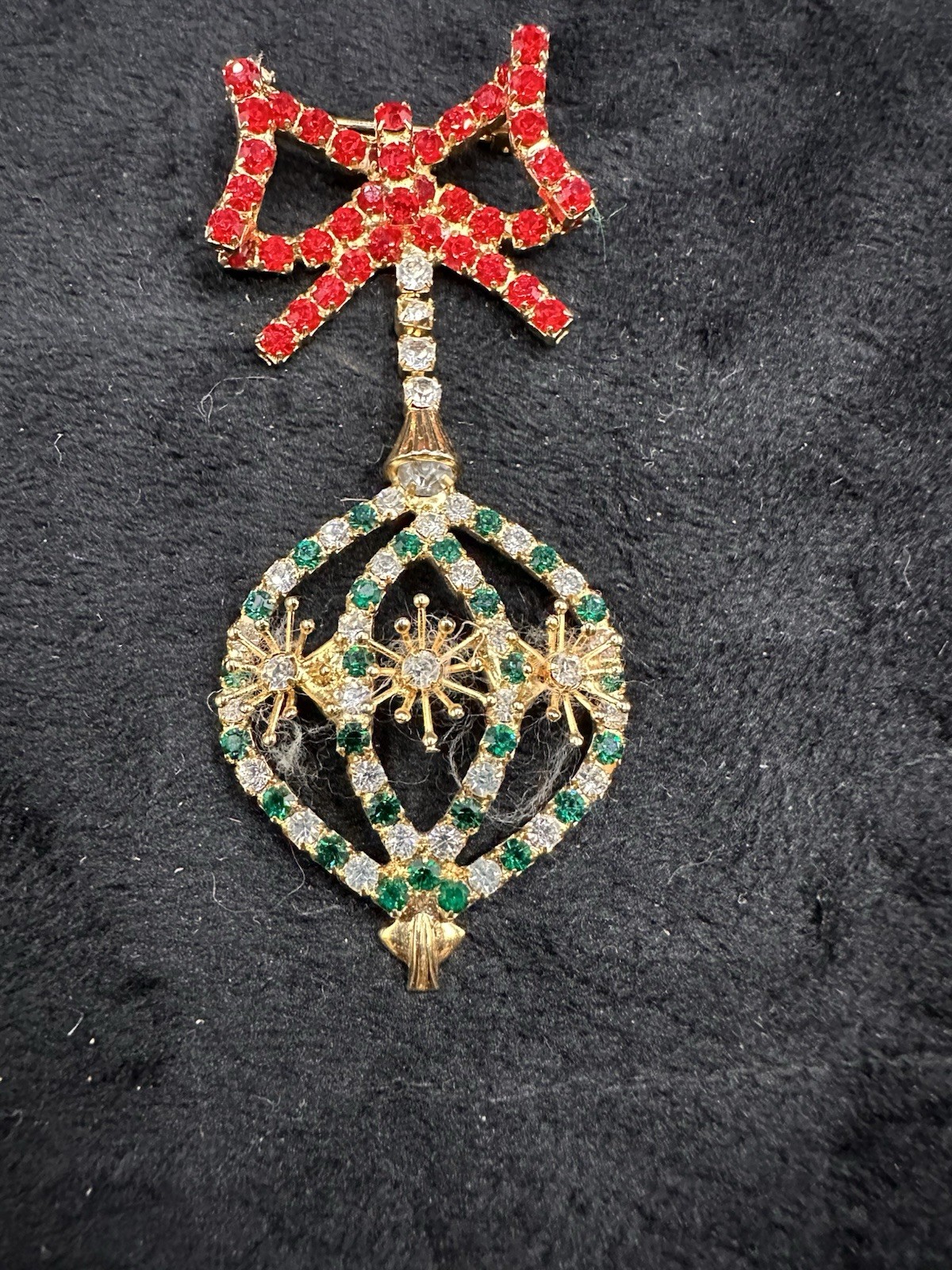 Vintage Dangling Christmas Ornament Brooch Gold-tone Red Green Clear Rhinestones