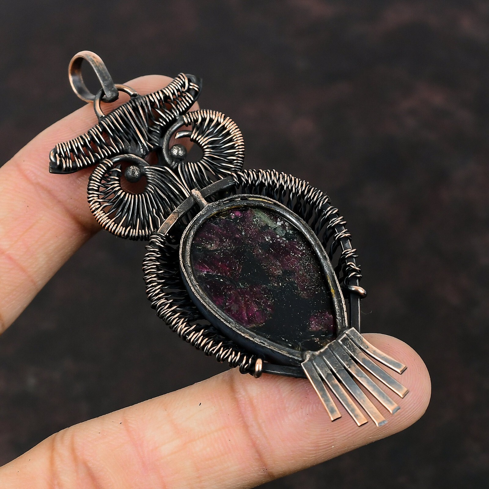 Valentines Sale Eudialyte Stone Copper Wire Wrapped Owl Wedding Pendant Jewelry