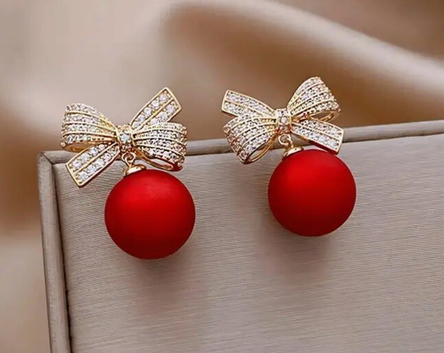 Red Ball Gold Crystal Gem Bow Stud Pierced Earrings Elegant Holiday Wedding