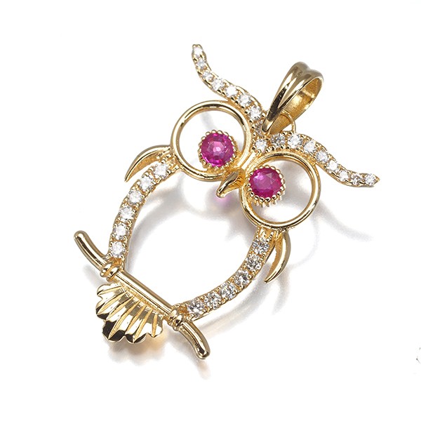 Diamond 0.20ct Ruby 0.12ct Owl Pendant 18K 750 Yellow Gold