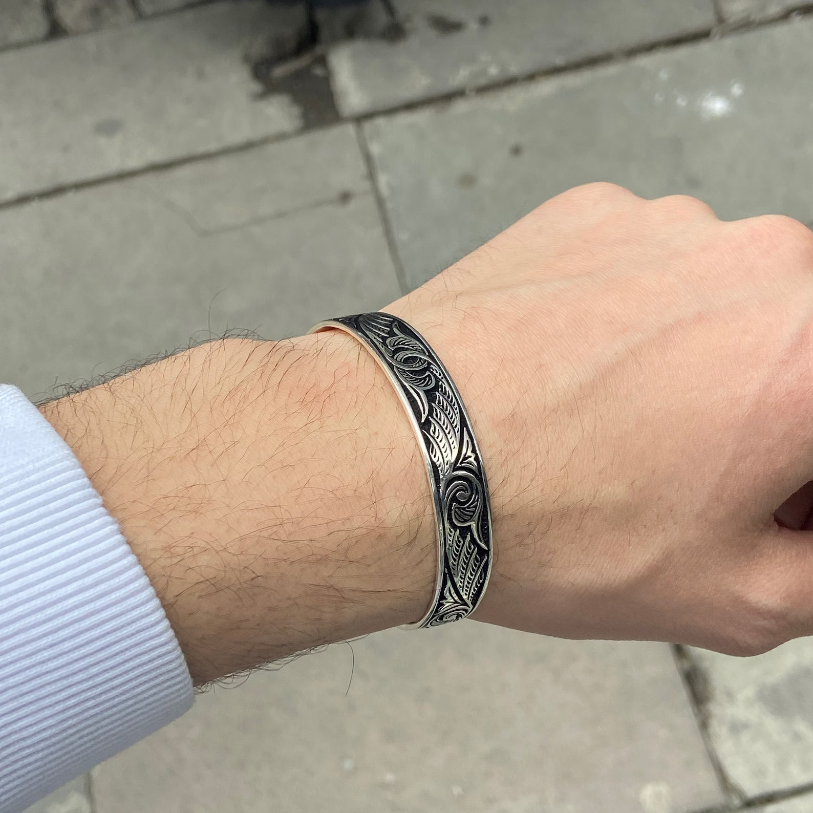 Men Silver Cuff Bracelet Engraved Adjustable Silver Embroidered Bracelet