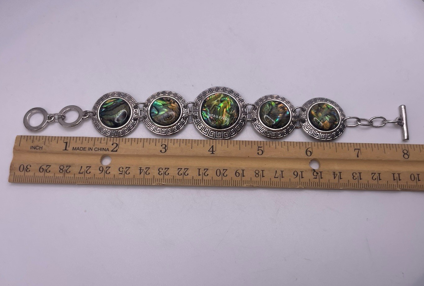 Vintage Silver Tone Abalone Shell Greek Key Link Bracelet Boho Hippie Jewelry 8”