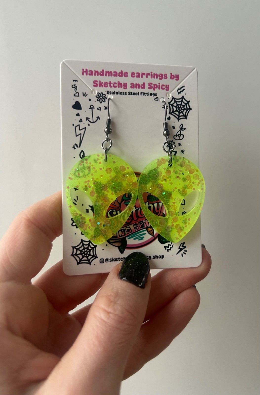 Glow in the Dark Alien Head Earrings – Neon Glitter Resin – Stainless Steel