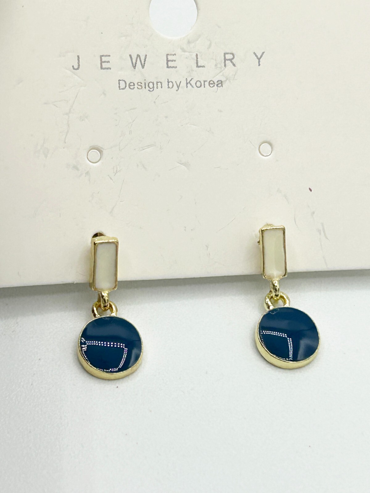 Enamel Pendant Earrings Contrast Color Blue/White/Gold, 1.75-Inch Drop