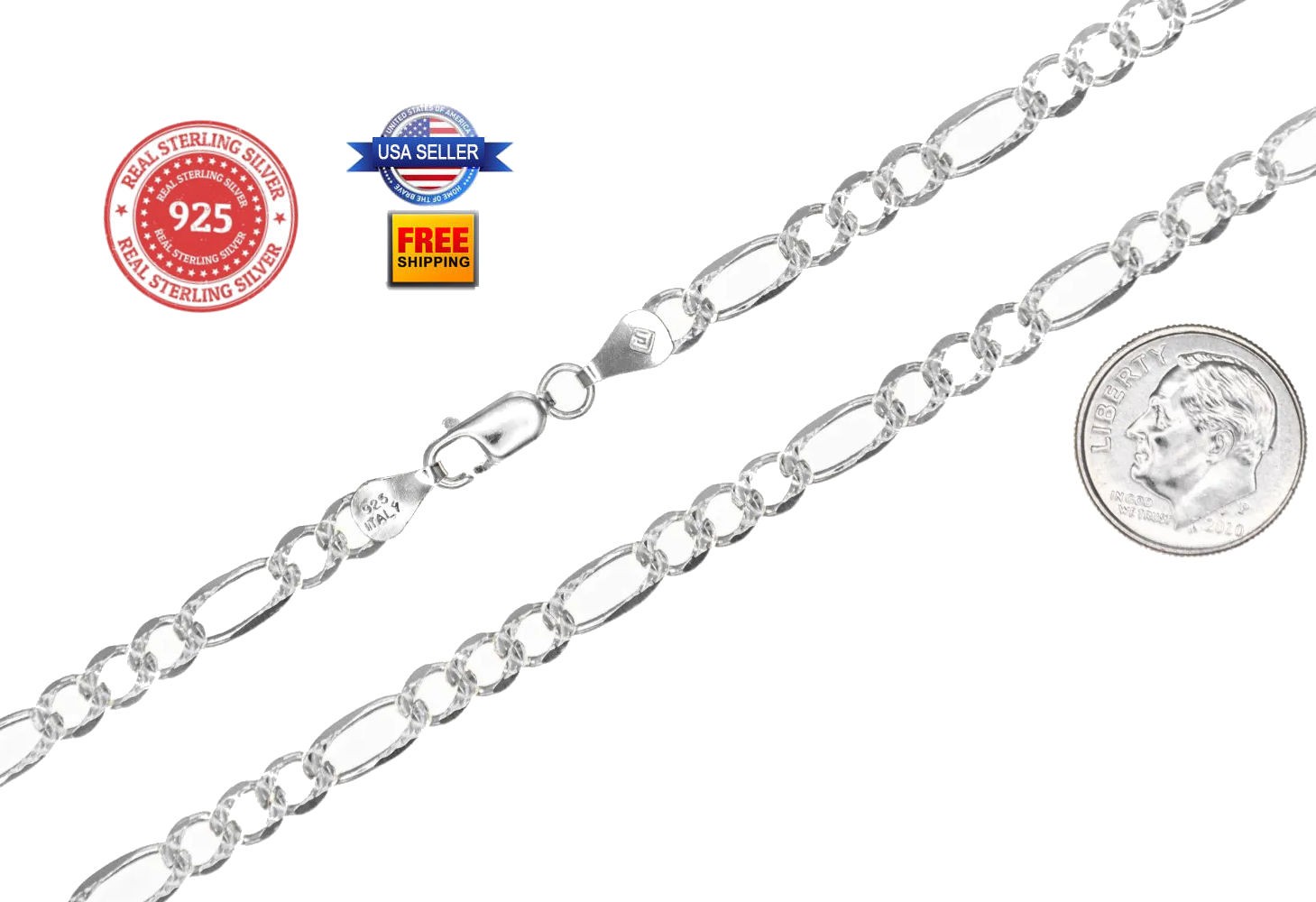 Sterling Silver Diamond Cut Figaro Link Chain 5mm Necklace Italian 18″ 13.5 gram