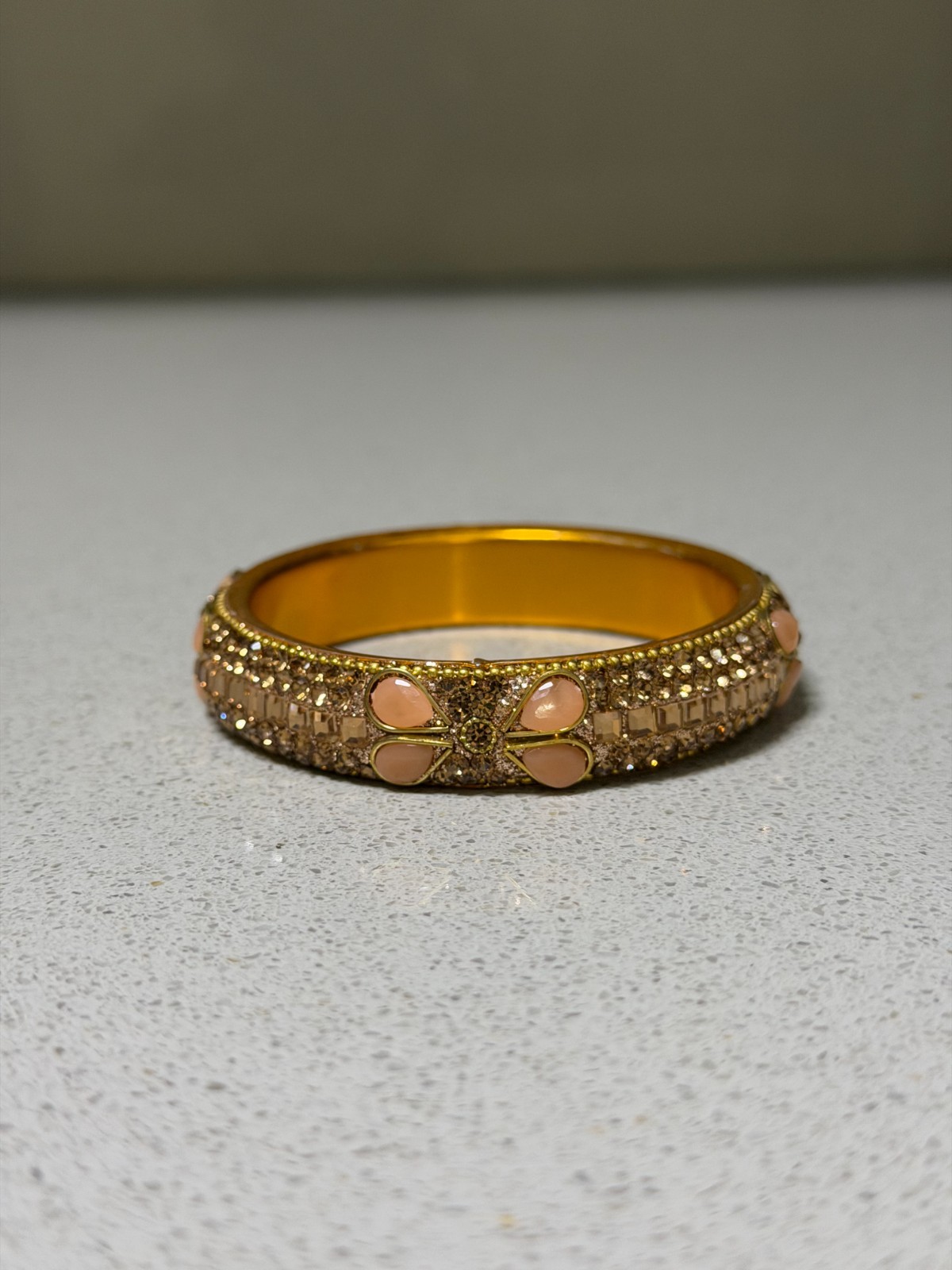 Gold-Toned Indian-Style Bangle Bracelet Sparkling Crystal Inlays & Flower