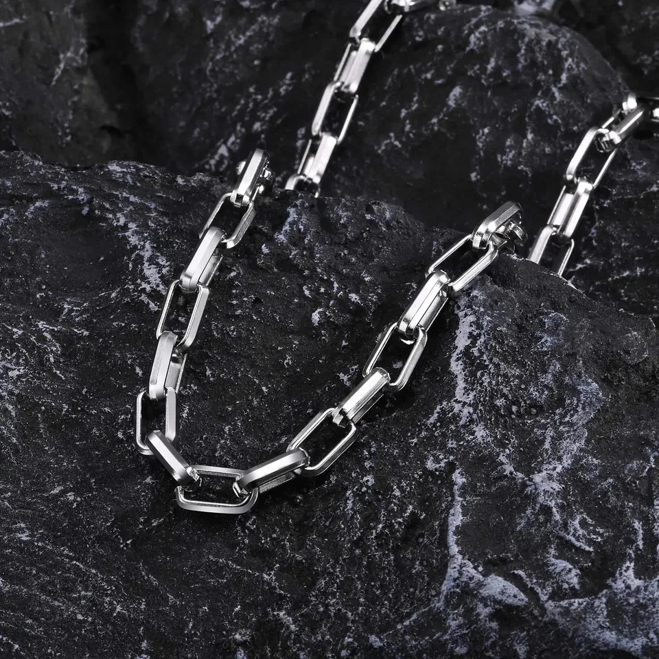 Stainless Steel Chain Necklace Rectangle Square Link Punk Collar Men Jewelry