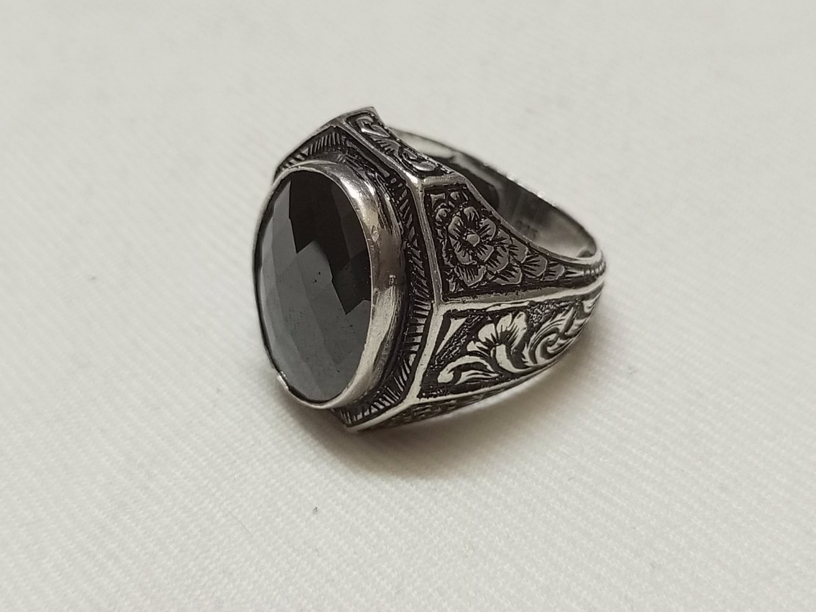 Vintage Turkish Men’s Ring 925 Sterling Silver Black Onyx Carved Engraved 18.4g