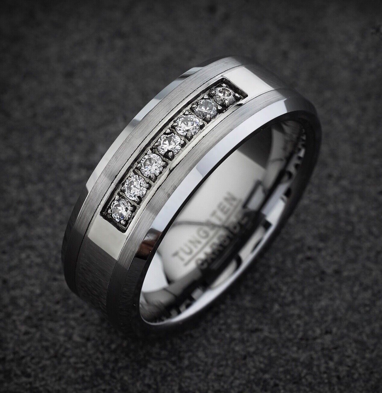 Mens Wedding Ring Tungsten Ring Gemstone Inlay Beveled Edges Tungsten Band