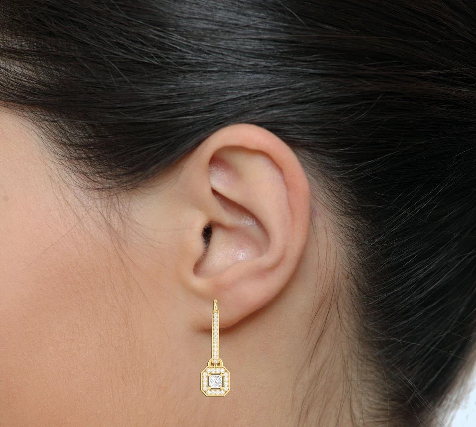 1.50 Ct Princess Lab Created Diamond Drop Dangle Earrings 14K Yellow Gold Plated