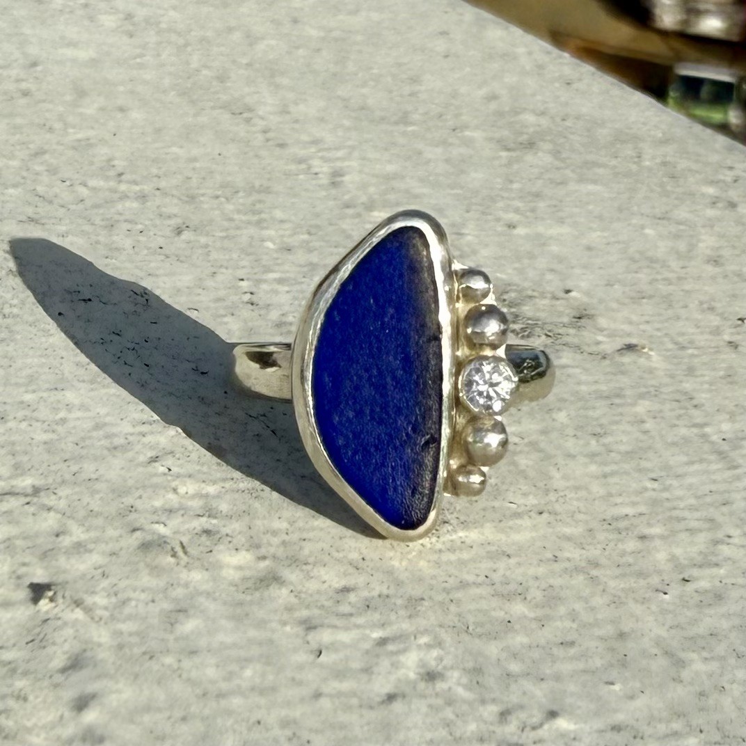 Cobalt Blue Genuine Caribbean Sea Glass Sterling Silver Ring With CZ Gem. Size 9