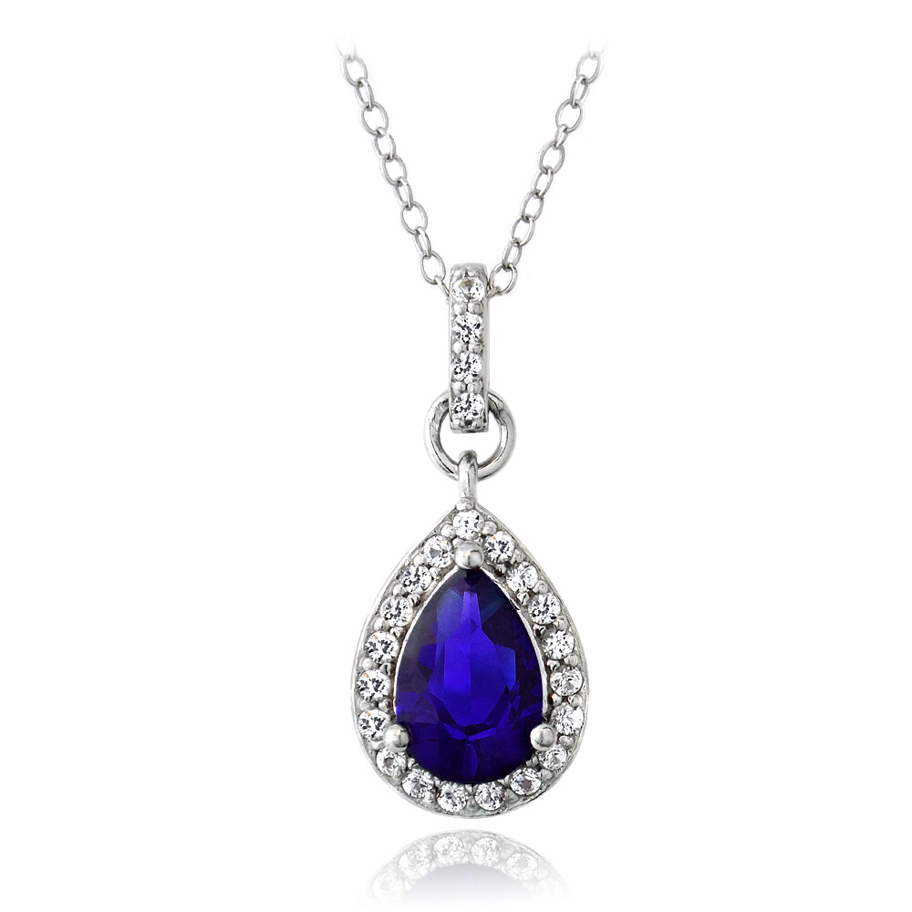925 Silver Lab Created Blue & White Sapphire Teardrop Necklace, 18″