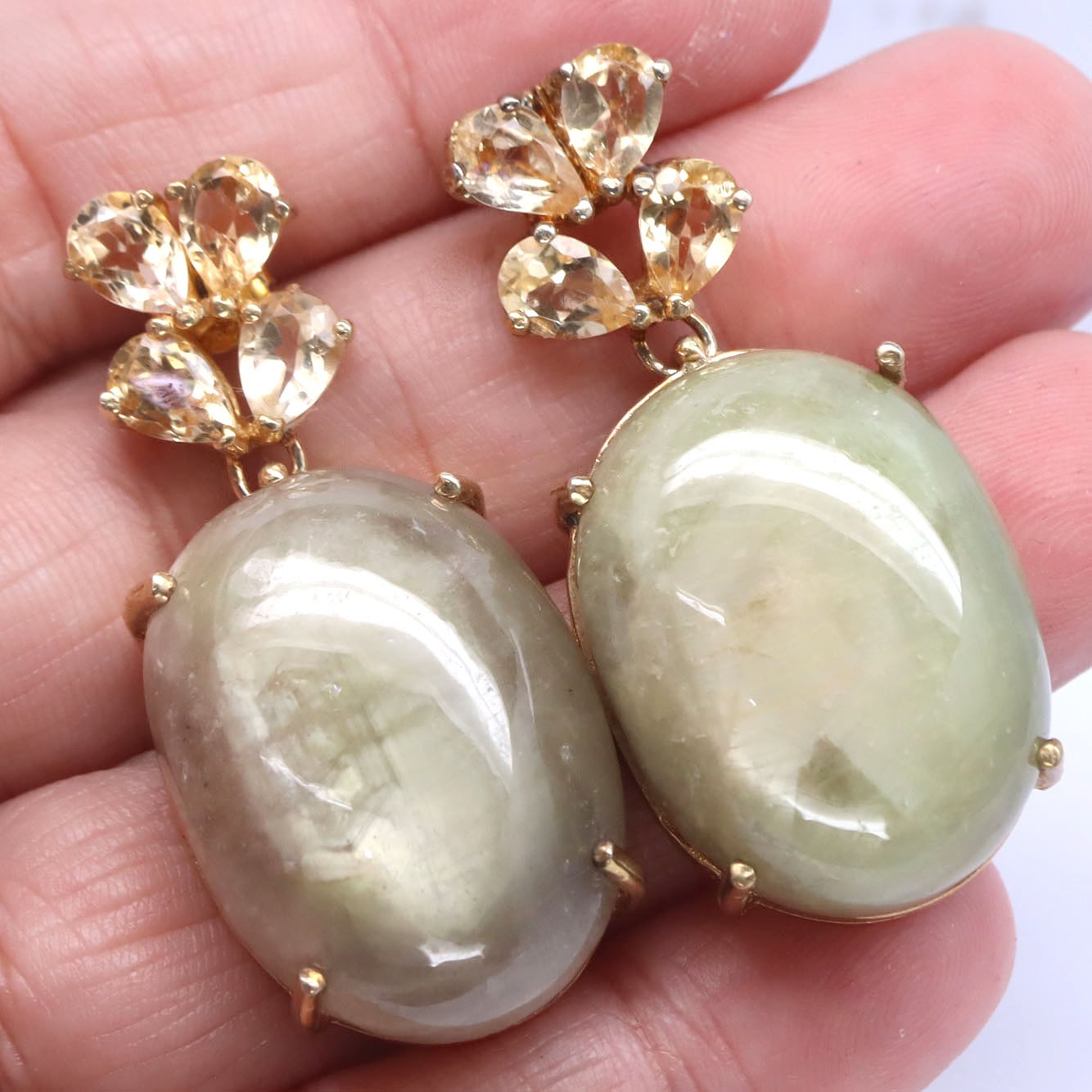 925 Silver 21 x 28 MM. Yellowish Green Sapphire & Golden Yellow Citrine Earrings