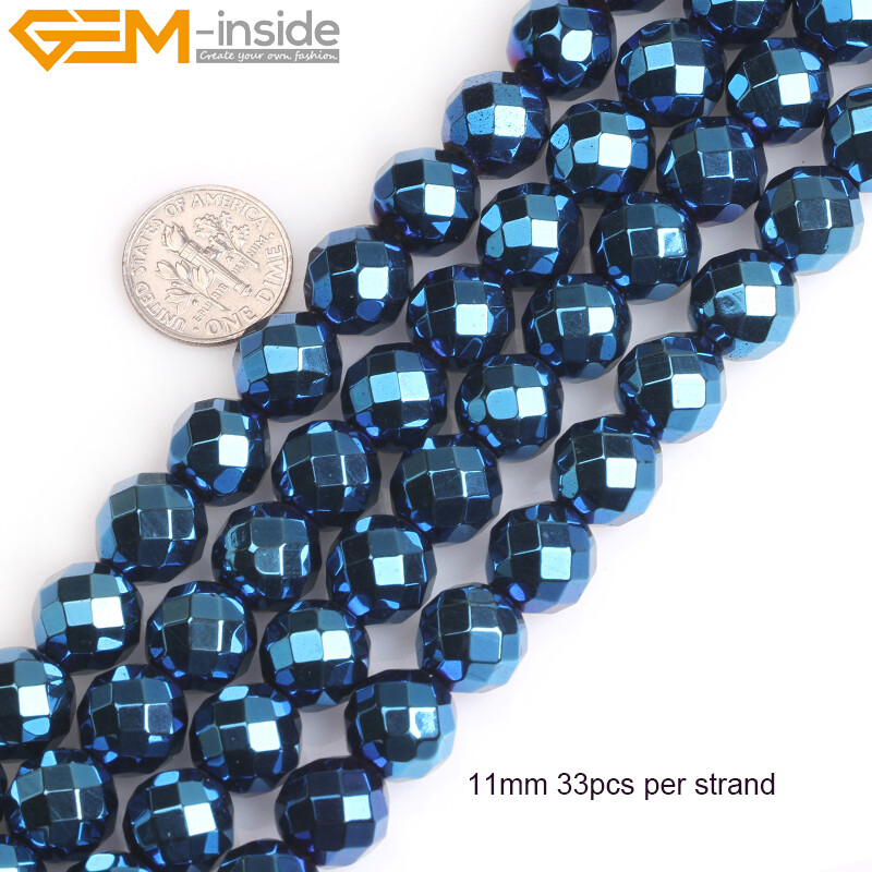 Round Blue Metallic Coated Hematite Faceted Stone Loose Beads Jewelry Making 15‘
