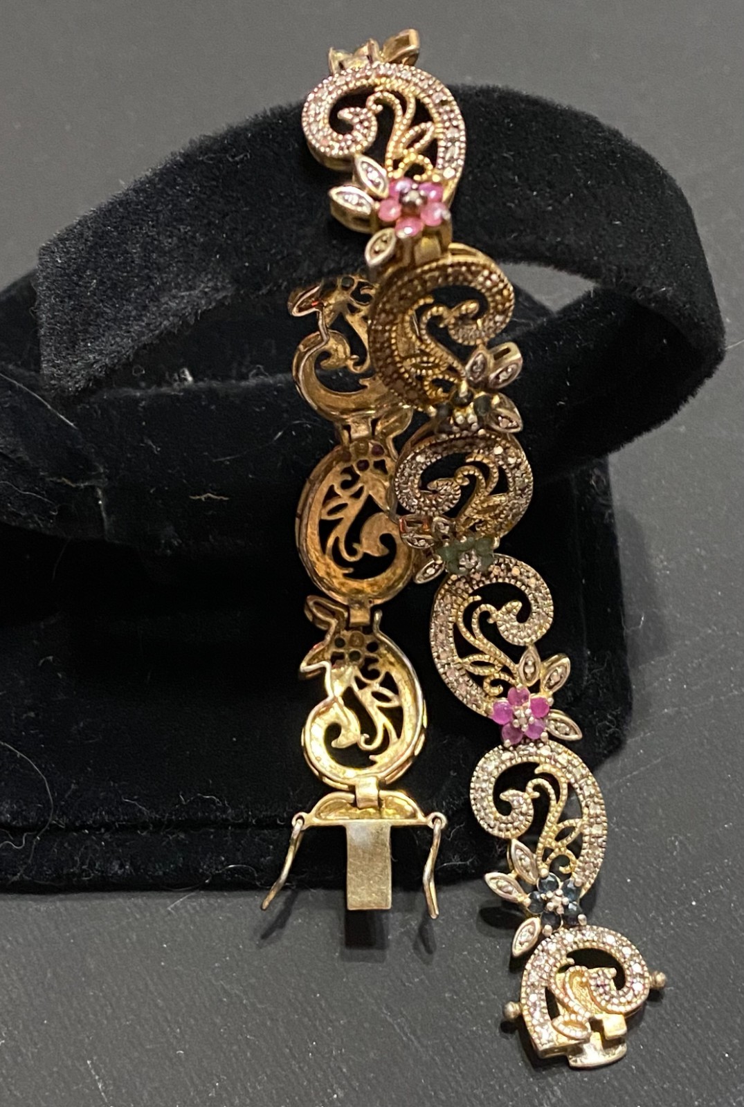 Vintage 925 Sterling Silver Gold Plated Filigree Gemstone Bracelet 7.5″ TDL