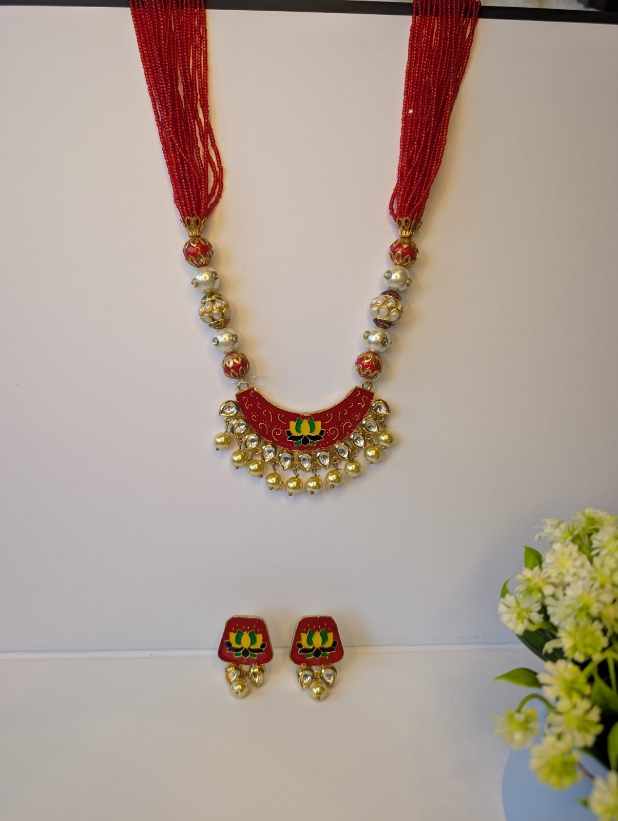 Handmade Lotus Thread Necklace Set Red Meenakari Pearl Indian Ethnic Jewelry