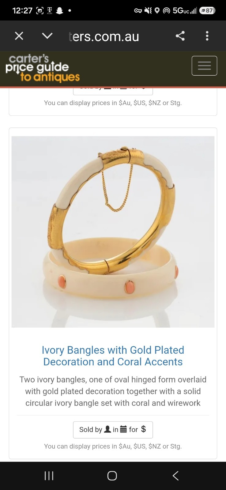 Gold & Ivory Hinged Oval Bangle Bracelet with Safety Chain, 2 Piece Set.