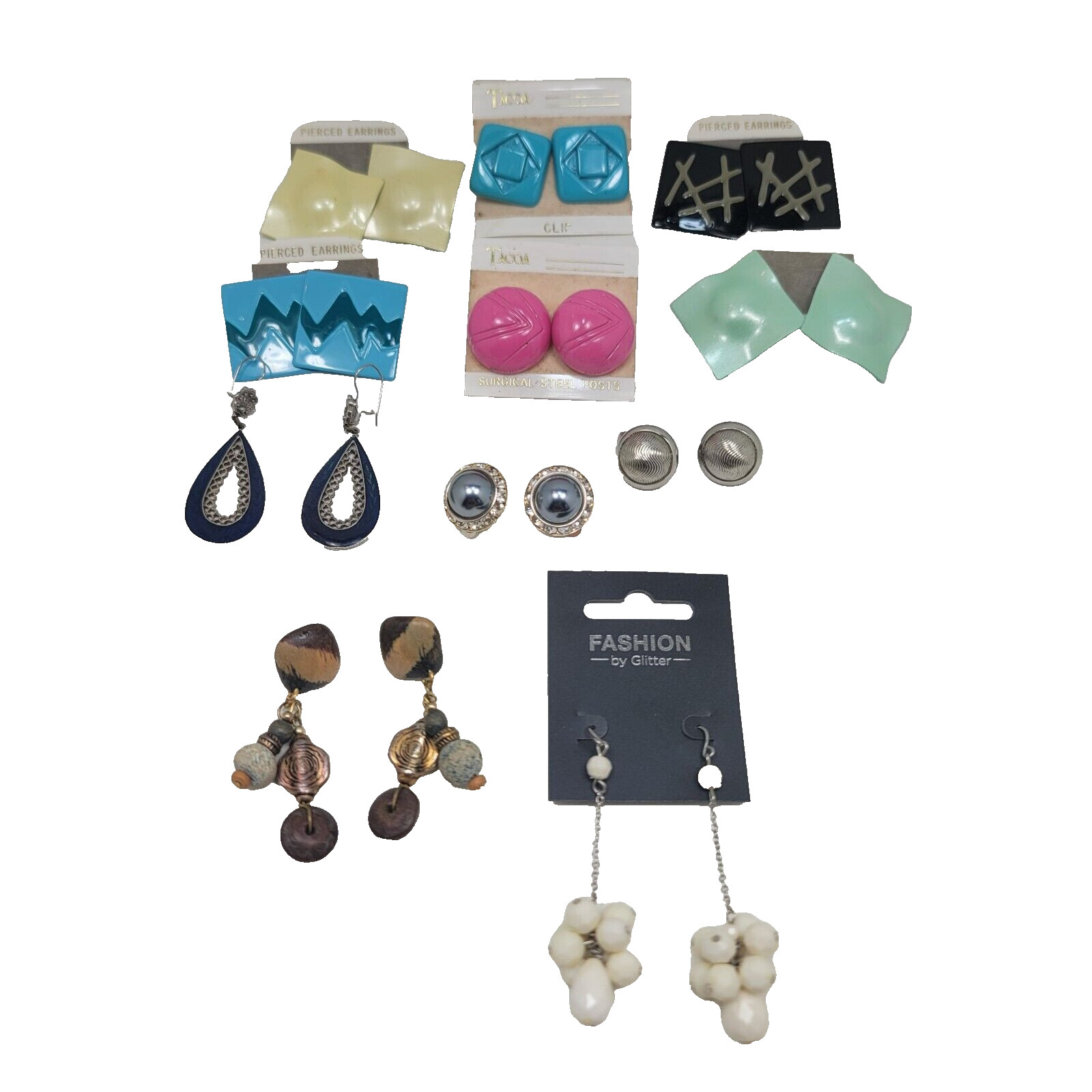 Fashion Earrings Clip Pierced Metal Wood Plastic Lot of 11 Pair Retro Art