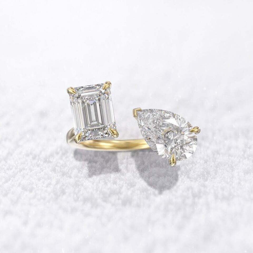 4Ct Lab Created Diamond Two Stone Engagement Ring 14K Yellow Gold Finish