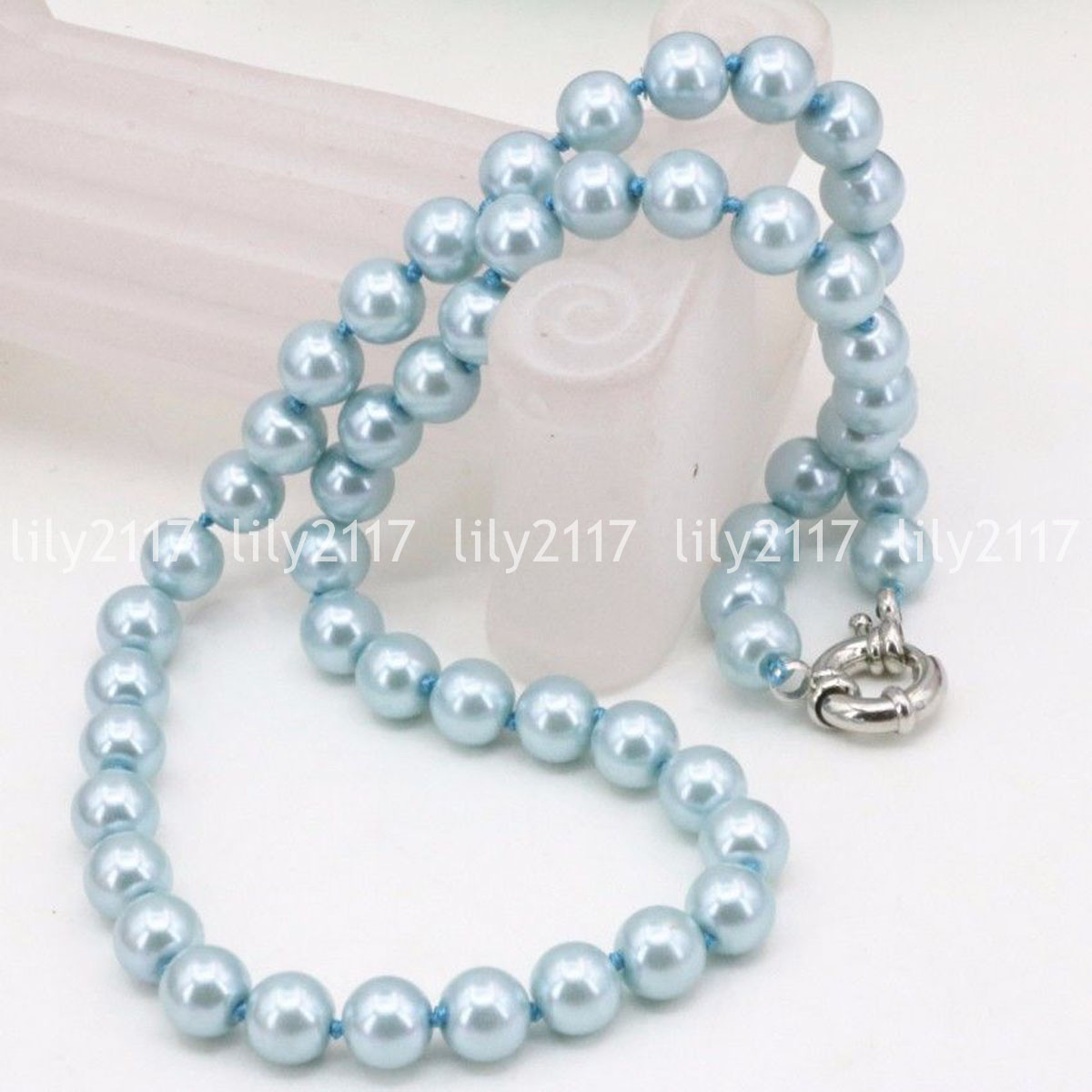 Fashion 8/10mm Light blue Akoya Shell Pearl Round Necklaces 16/18/22/25/36/50″