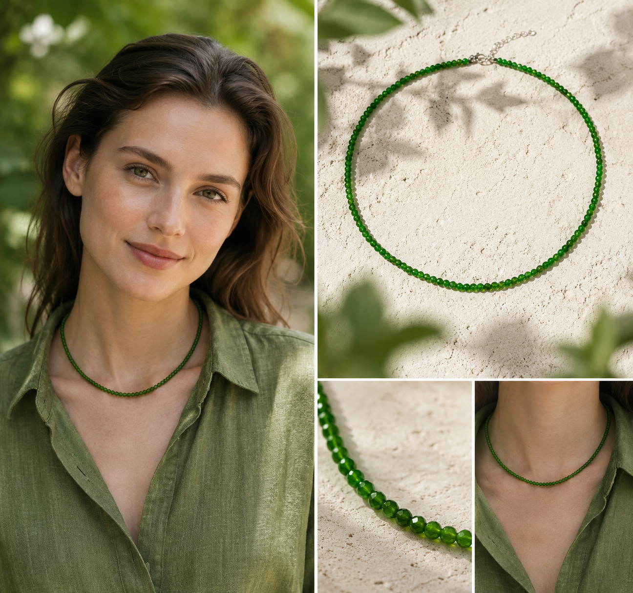 Gemstone Chrome Diopside Necklace Faceted Ball Shape Ø-3mm 925 Silver