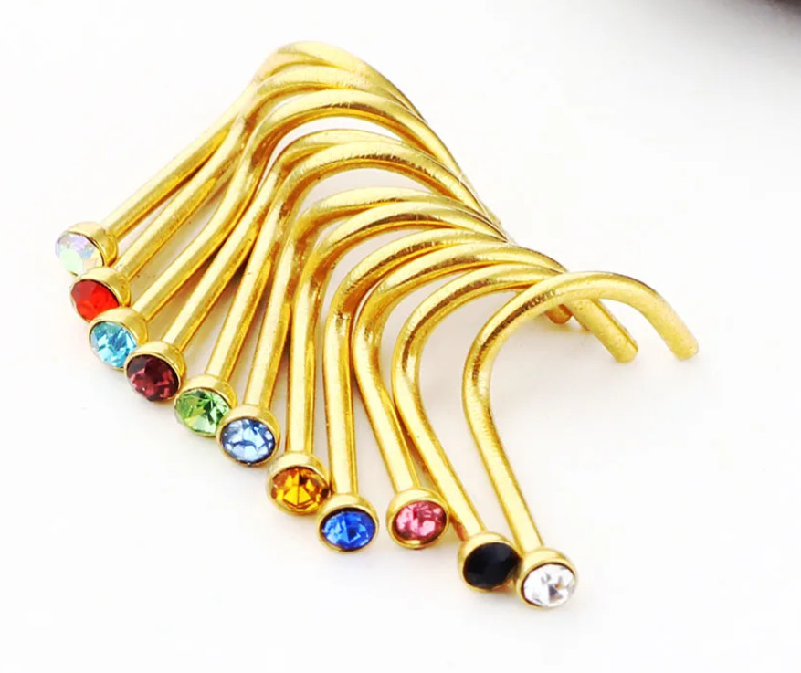 1 5 10pcs GOLD Nose Screw 2mm Gem 20g Twist Piercing Bar Stud Ring Crystal Bulk
