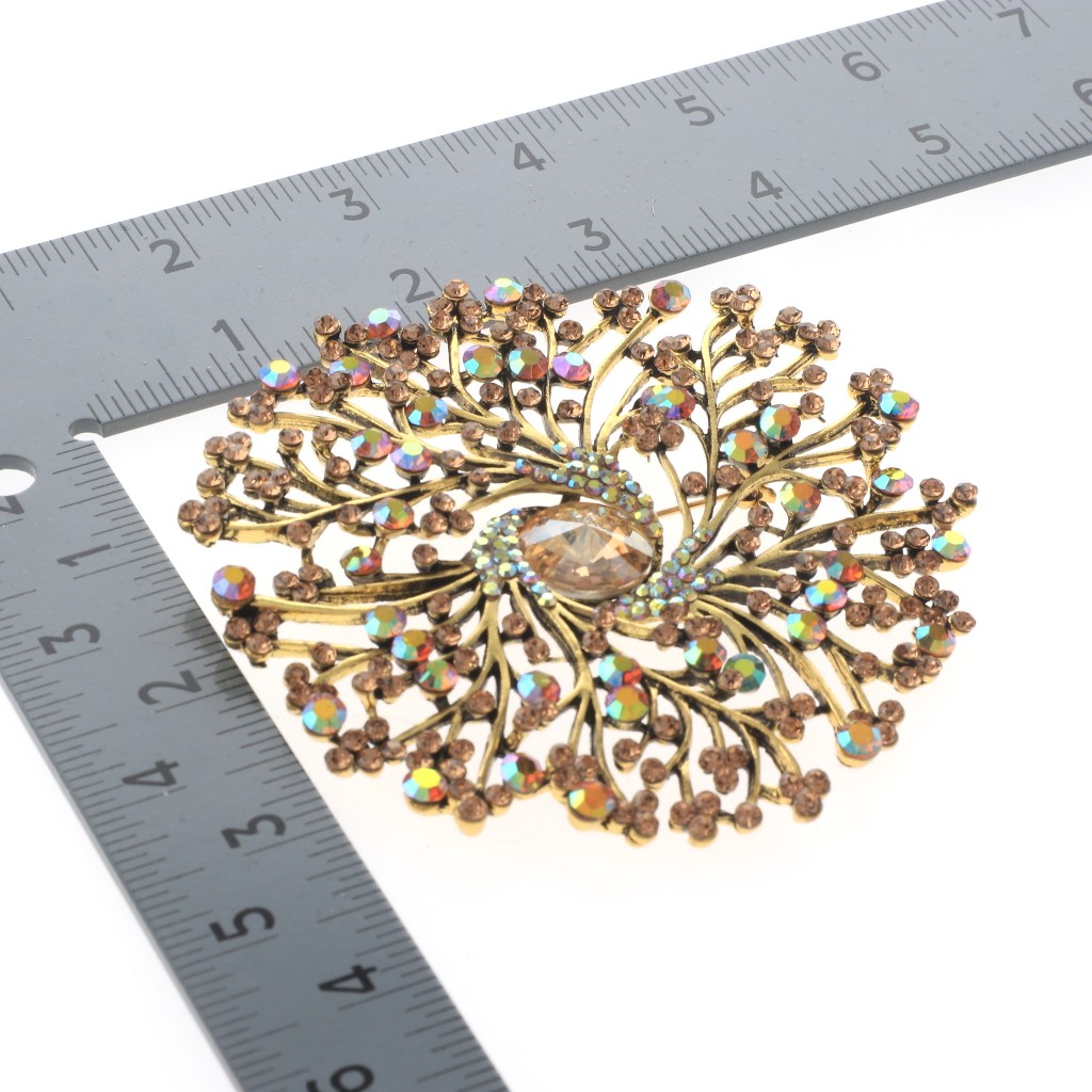 Antique Gold Tone Alloy Metal Extra Large Crystal Flower Brooch P1513-LCT