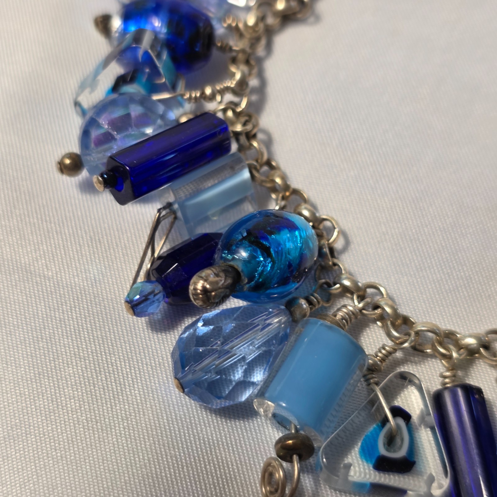 925 Sterling Silver Beaded Dangle Bracelet Cobalt Blue & Light Blue Glass Beads