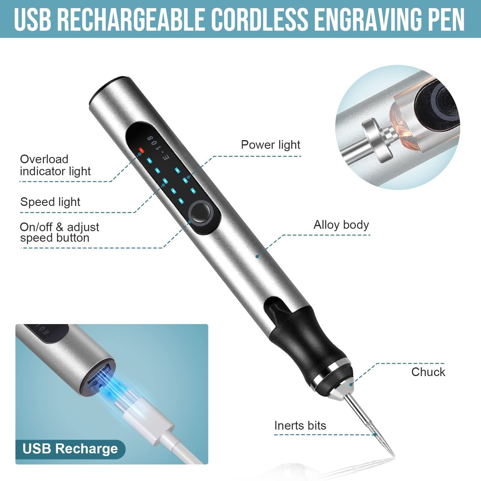 USB Rechargeable Electric Engraving Pen, 37 Bits Cordless Engraver for Jewelry