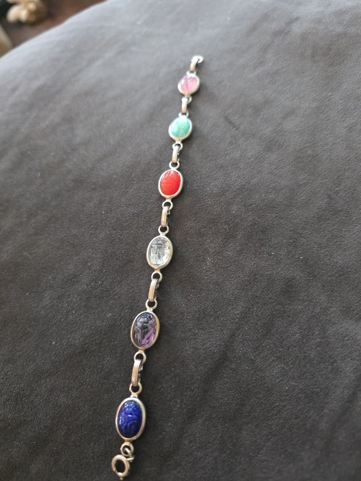 Scarab Beetle Bracelet White Gold Filled Carved Stone Multi-stone Vintage 7.5”