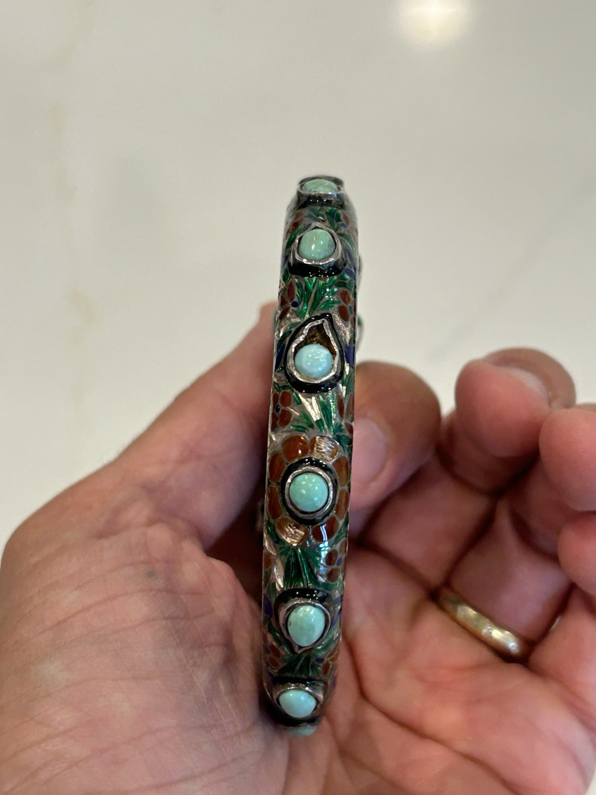 Vintage Indian Meenakari Sterling Enameled Elephant Head Bangle Turquoise AS IS