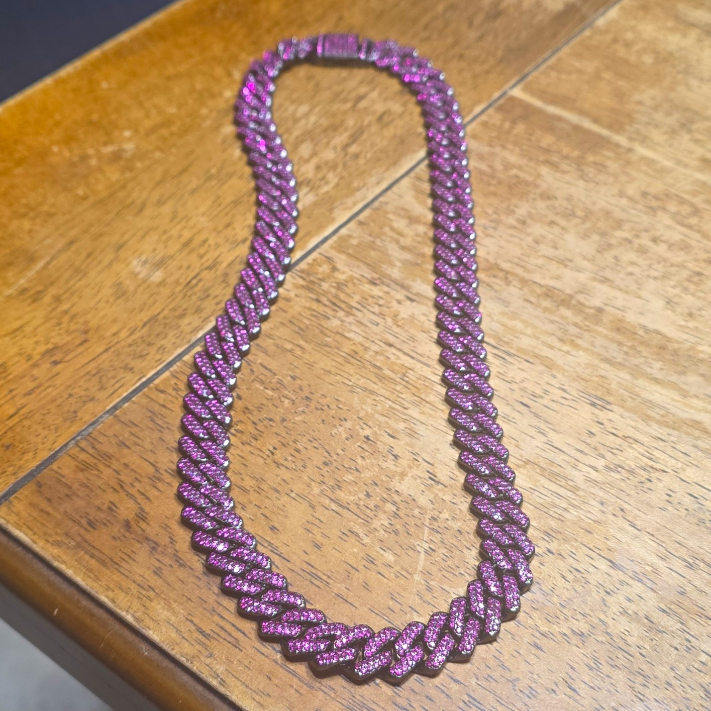 Purple Iced Out Cuban Link Chain Necklace Pavé Round Crystal Rhinestone Box