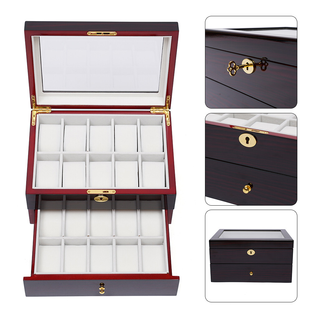 11.41*8.26*6.29in 20 Slot Wood Watch Box Display Case Jewelry Organizer Box+Lock