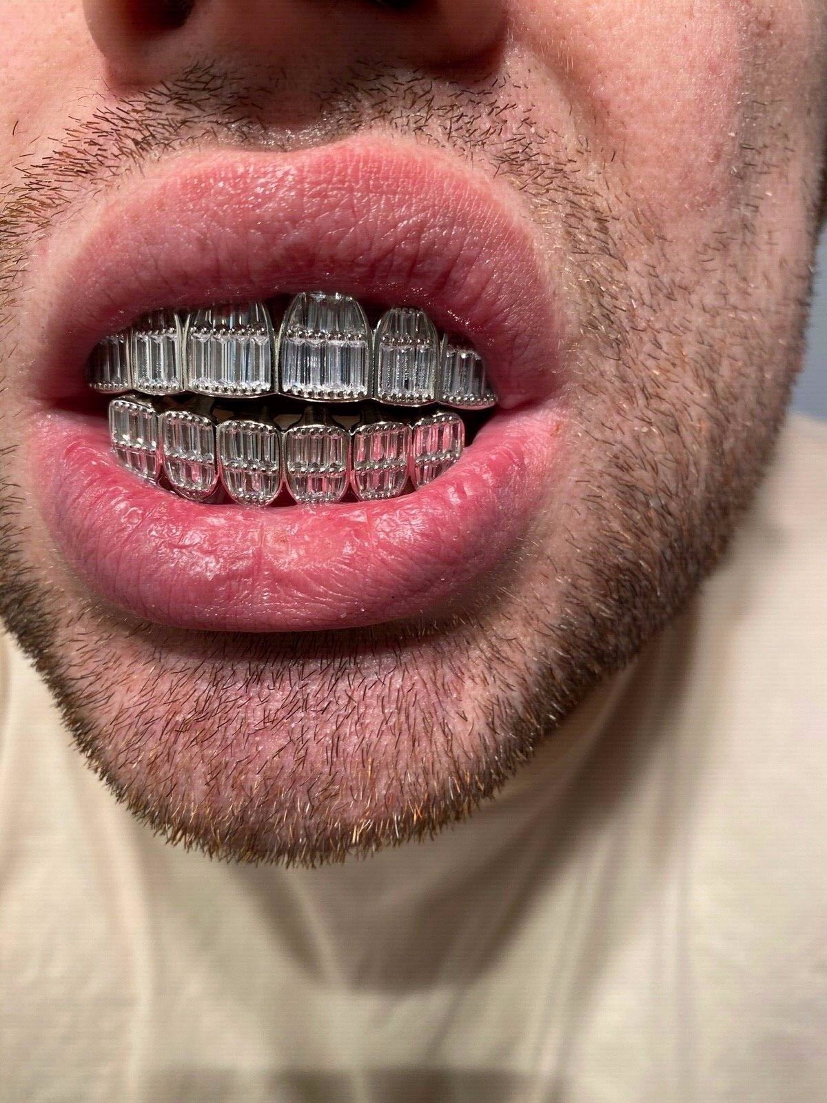 Real Solid Hip Hop 925 Sterling Silver Grillz Baguette Diamond Iced Grills Set